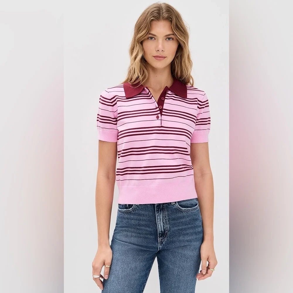 English Factory Womens Striped Polo Knit Top Pink Burgundy NWT Size M